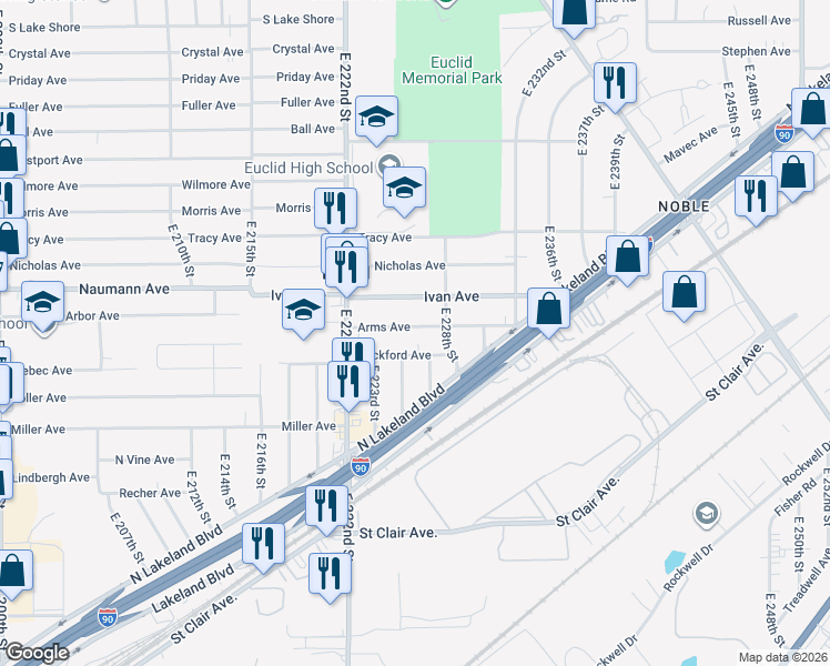 map of restaurants, bars, coffee shops, grocery stores, and more near 22570 Arms Avenue in Euclid