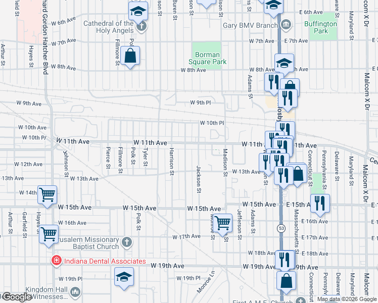 map of restaurants, bars, coffee shops, grocery stores, and more near 1077 Van Buren Street in Gary