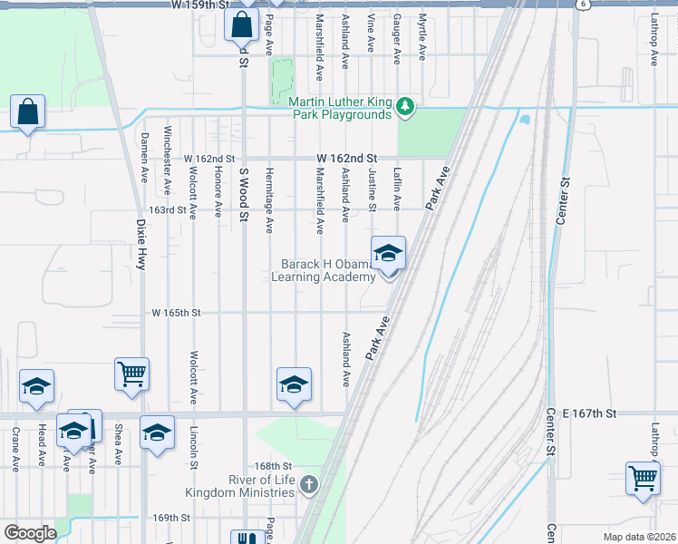 map of restaurants, bars, coffee shops, grocery stores, and more near 16357 Marshfield Avenue in Markham