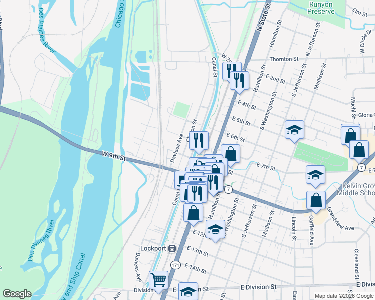 map of restaurants, bars, coffee shops, grocery stores, and more near 718 Clinton Street in Lockport
