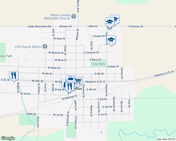 map of restaurants, bars, coffee shops, grocery stores, and more near 201 East 6th Street in Wilton