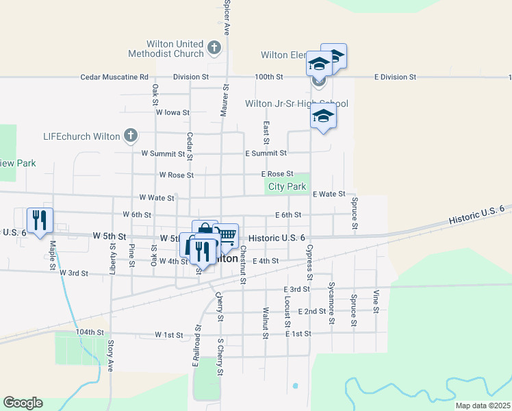 map of restaurants, bars, coffee shops, grocery stores, and more near 201 East 6th Street in Wilton