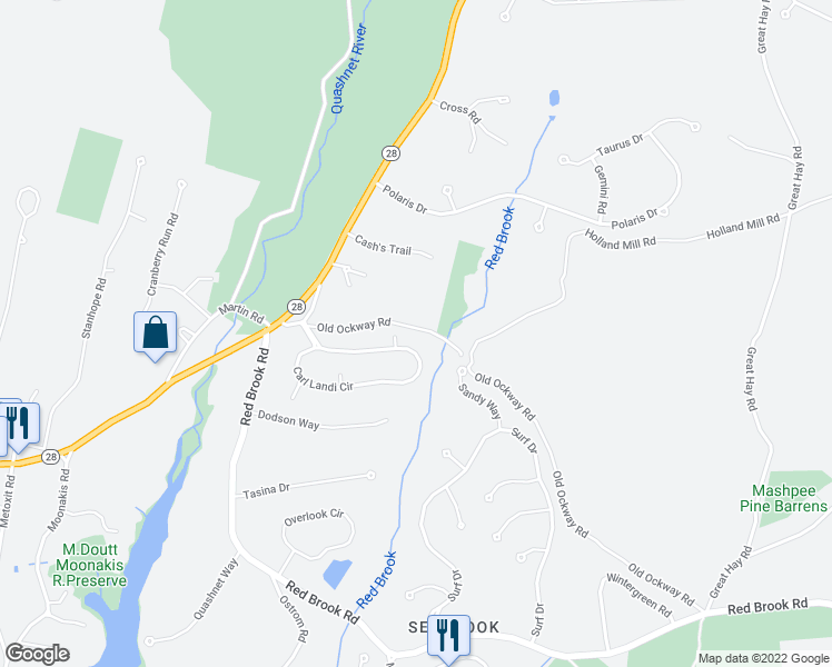 map of restaurants, bars, coffee shops, grocery stores, and more near 67 North Ockway Road in Barnstable County