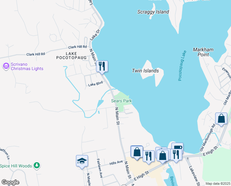 map of restaurants, bars, coffee shops, grocery stores, and more near 70 North Main Street in East Hampton