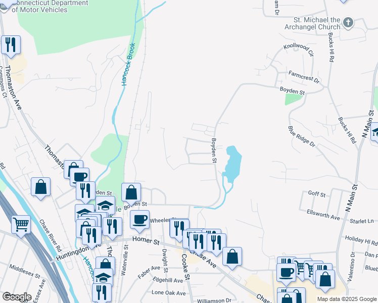 map of restaurants, bars, coffee shops, grocery stores, and more near 61 Kingsley Court in Waterbury