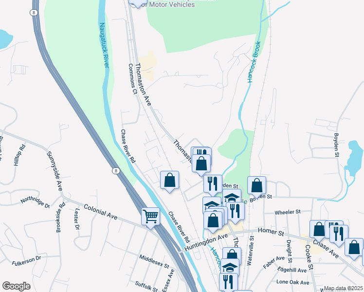map of restaurants, bars, coffee shops, grocery stores, and more near 27 Driggs Street in Waterbury