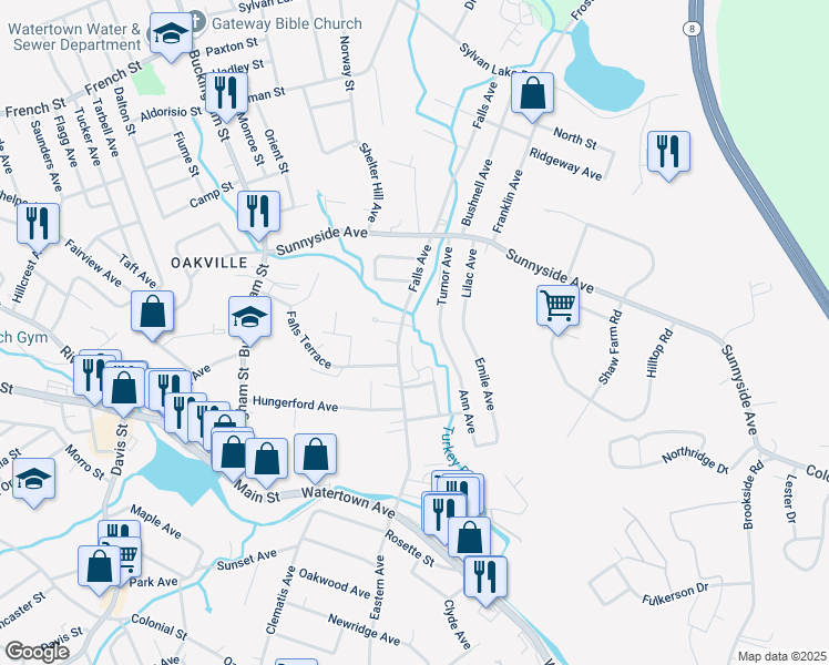map of restaurants, bars, coffee shops, grocery stores, and more near 164 Falls Avenue in Watertown