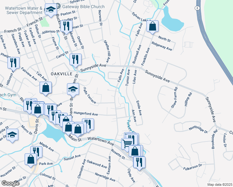 map of restaurants, bars, coffee shops, grocery stores, and more near 18 Wagon Wheel Court in Watertown