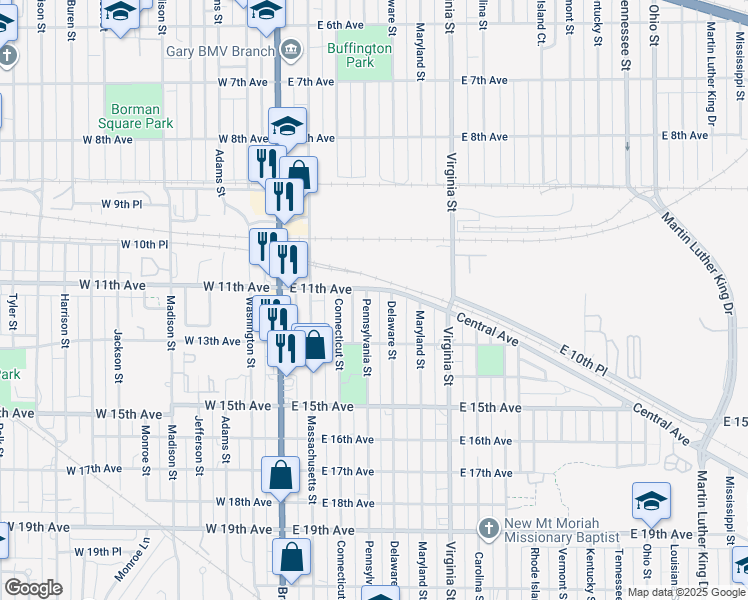 map of restaurants, bars, coffee shops, grocery stores, and more near 300-398 E 11th Ave in Gary