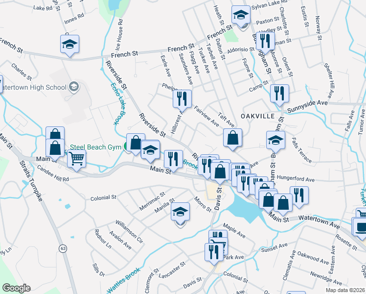 map of restaurants, bars, coffee shops, grocery stores, and more near 14 Arcadia Avenue in Watertown