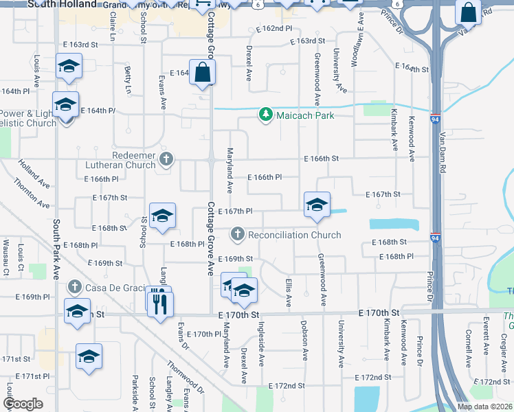 map of restaurants, bars, coffee shops, grocery stores, and more near 16654 Drexel Avenue in South Holland