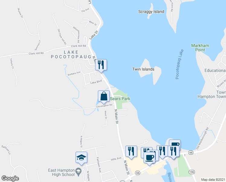map of restaurants, bars, coffee shops, grocery stores, and more near 70 North Main Street in East Hampton