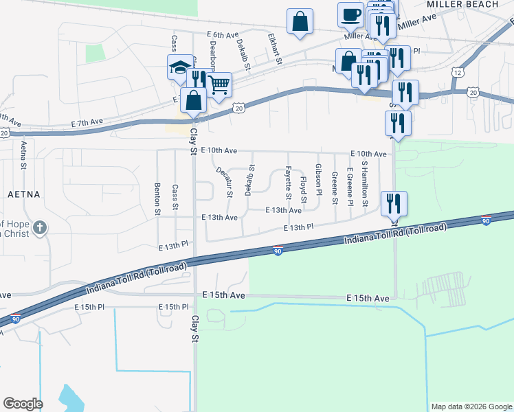 map of restaurants, bars, coffee shops, grocery stores, and more near 5237 East 11th Place in Gary