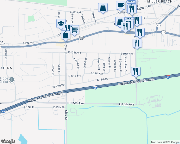 map of restaurants, bars, coffee shops, grocery stores, and more near 5237 East 11th Place in Gary