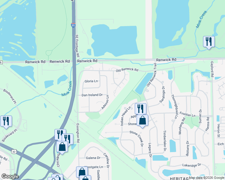 map of restaurants, bars, coffee shops, grocery stores, and more near 3823 Pathfinder Court in Joliet