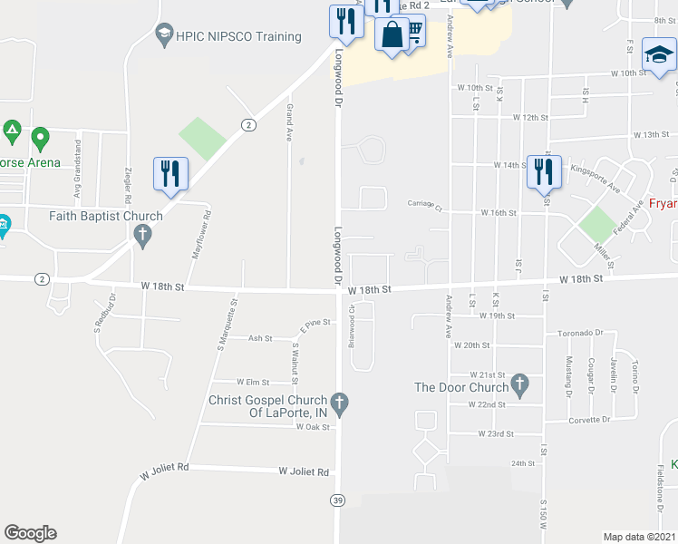 map of restaurants, bars, coffee shops, grocery stores, and more near 1063 South State Road 39 in La Porte