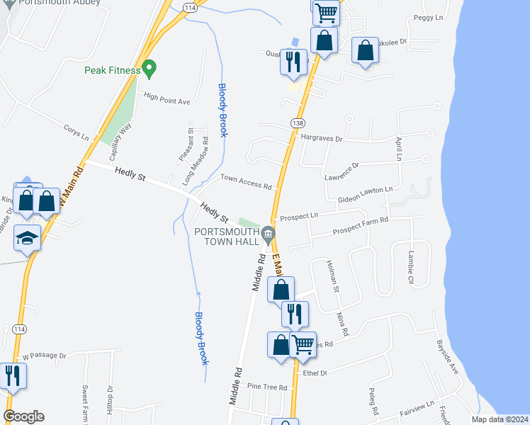 map of restaurants, bars, coffee shops, grocery stores, and more near 2246 East Main Road in Portsmouth