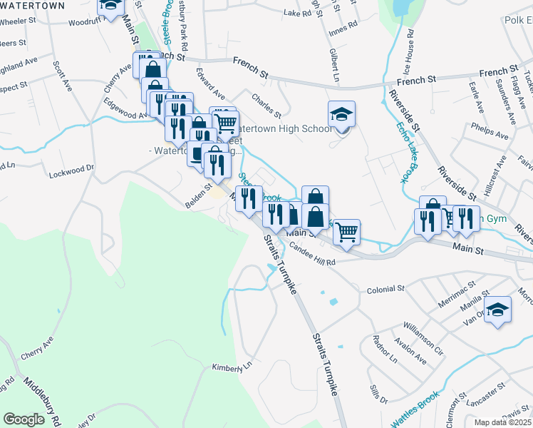 map of restaurants, bars, coffee shops, grocery stores, and more near 1271 Main Street in Watertown