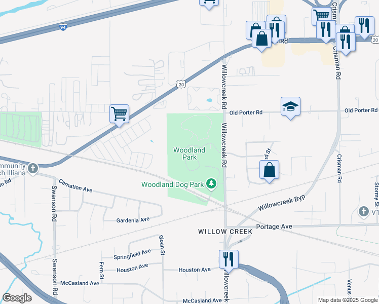 map of restaurants, bars, coffee shops, grocery stores, and more near 2100 Willowcreek Road in Portage