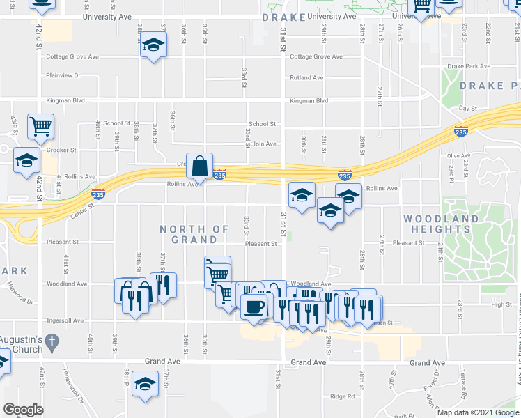 map of restaurants, bars, coffee shops, grocery stores, and more near 750 32nd Street in Des Moines