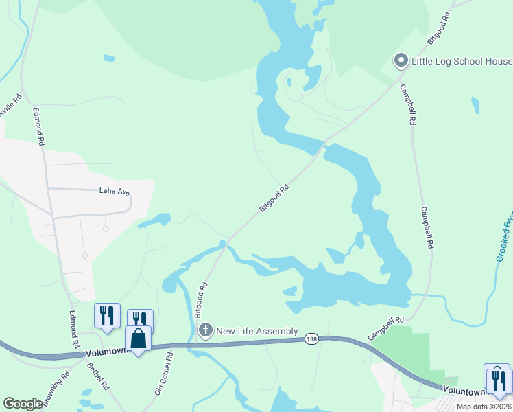 map of restaurants, bars, coffee shops, grocery stores, and more near 108 Bitgood Road in Griswold