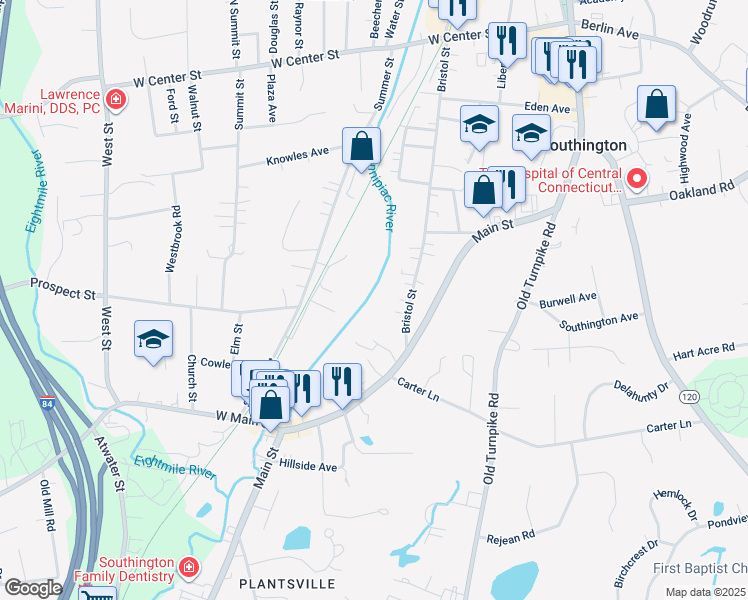 map of restaurants, bars, coffee shops, grocery stores, and more near 326 Bristol Street in Southington