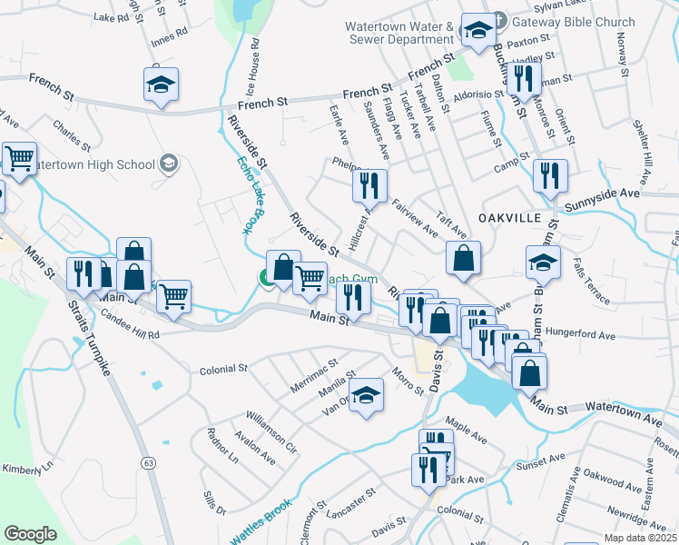 map of restaurants, bars, coffee shops, grocery stores, and more near 205 Riverside Street in Watertown