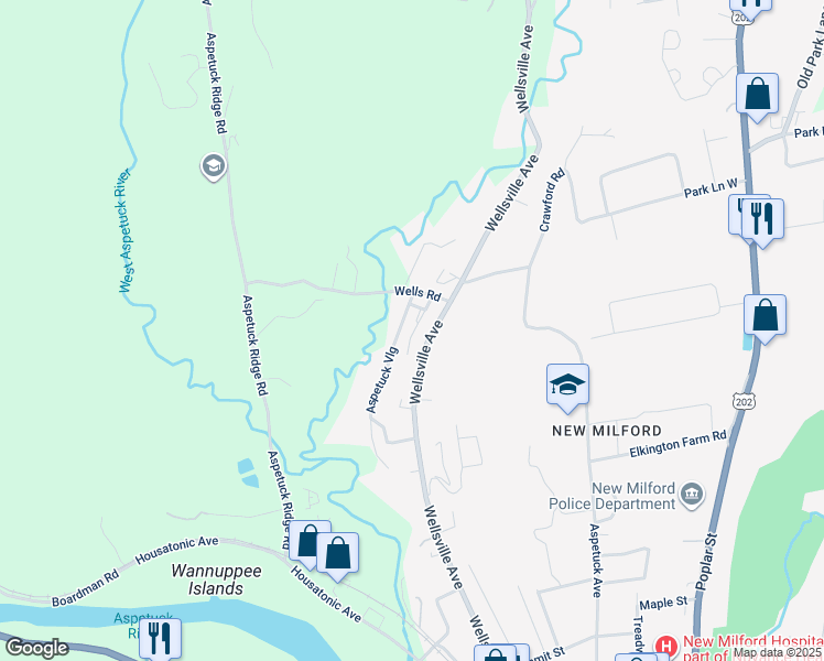 map of restaurants, bars, coffee shops, grocery stores, and more near 35 Aspetuck Village in New Milford