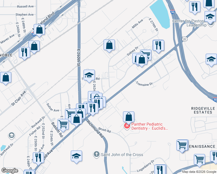 map of restaurants, bars, coffee shops, grocery stores, and more near 1403 East 264th Street in Euclid