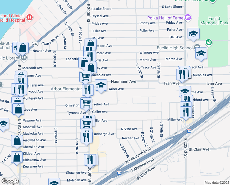 map of restaurants, bars, coffee shops, grocery stores, and more near 20509 Arbor Avenue in Euclid