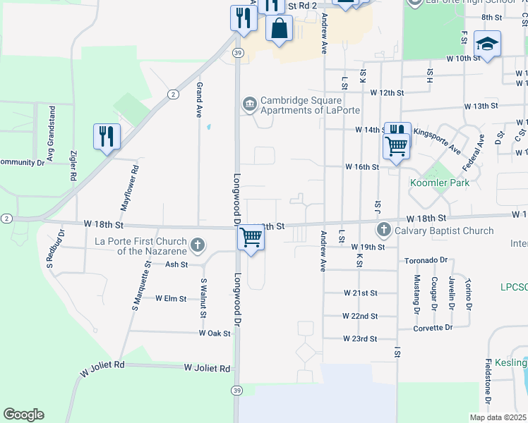 map of restaurants, bars, coffee shops, grocery stores, and more near 1003 W 18th St in La Porte
