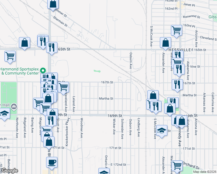 map of restaurants, bars, coffee shops, grocery stores, and more near 2330 167th St in Hammond