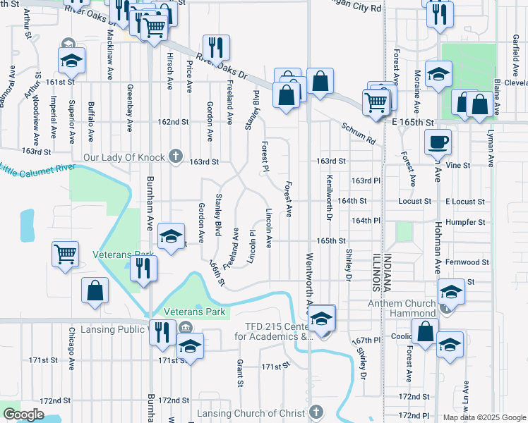 map of restaurants, bars, coffee shops, grocery stores, and more near 1445 Lincoln Avenue in Calumet City