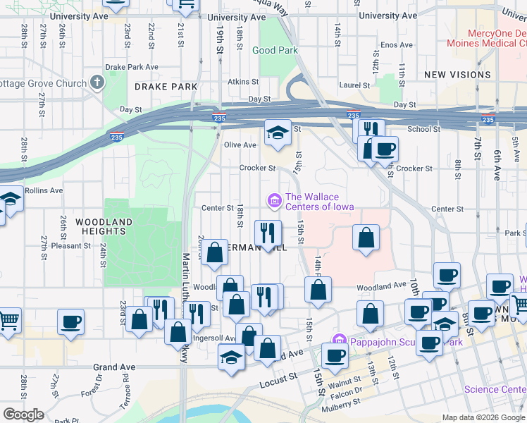 map of restaurants, bars, coffee shops, grocery stores, and more near 808 17th Street in Des Moines