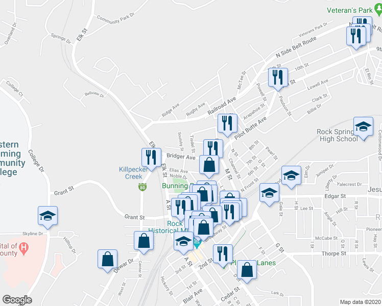 map of restaurants, bars, coffee shops, grocery stores, and more near 513 Bridger Avenue in Rock Springs