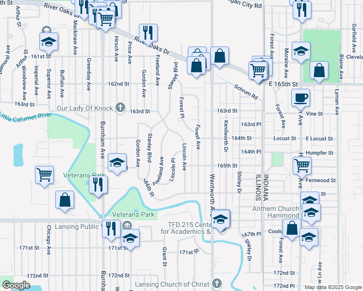 map of restaurants, bars, coffee shops, grocery stores, and more near 1445 Lincoln Avenue in Calumet City