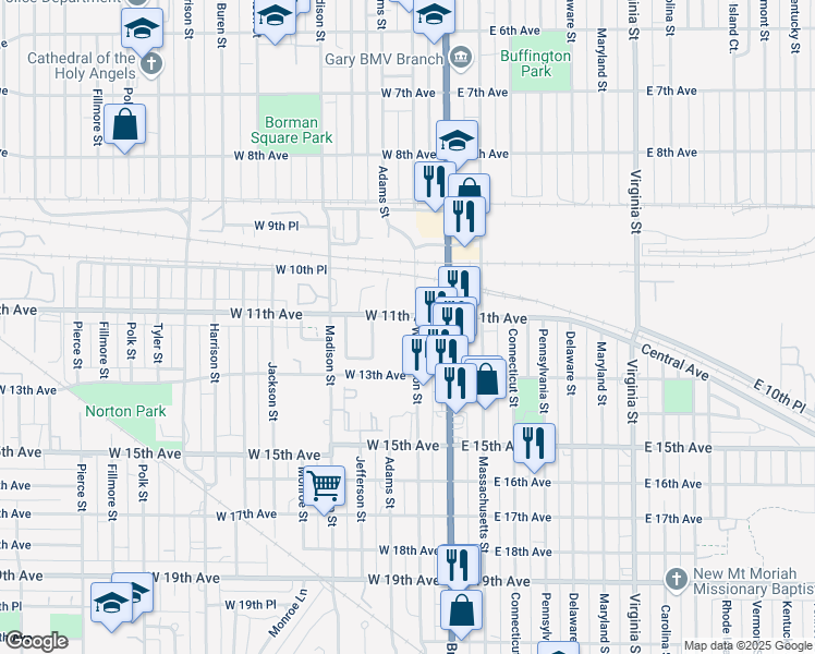 map of restaurants, bars, coffee shops, grocery stores, and more near 1116 Washington Street in Gary