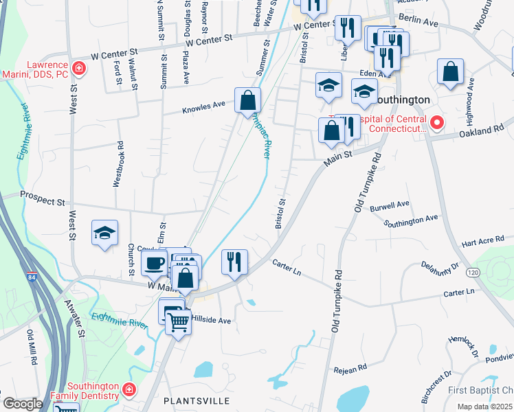 map of restaurants, bars, coffee shops, grocery stores, and more near 326 Bristol Street in Southington
