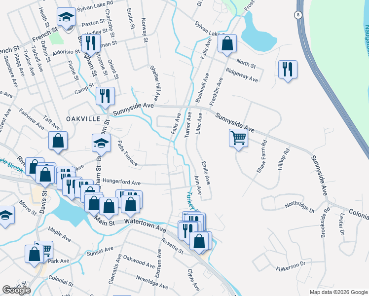 map of restaurants, bars, coffee shops, grocery stores, and more near 164 Falls Avenue in Watertown