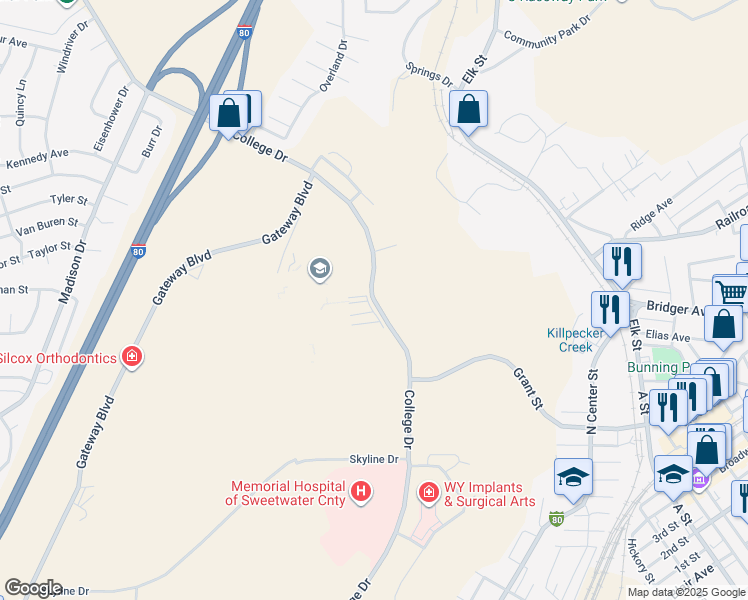map of restaurants, bars, coffee shops, grocery stores, and more near College Drive in Rock Springs