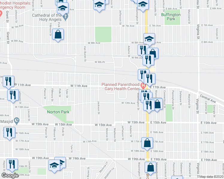 map of restaurants, bars, coffee shops, grocery stores, and more near 400 West 12th Avenue in Gary