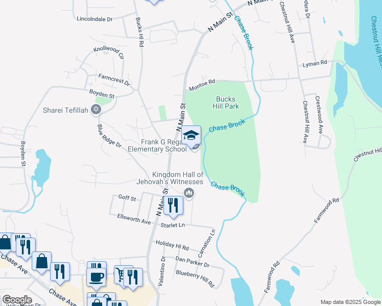 map of restaurants, bars, coffee shops, grocery stores, and more near 2780 North Main Street in Waterbury
