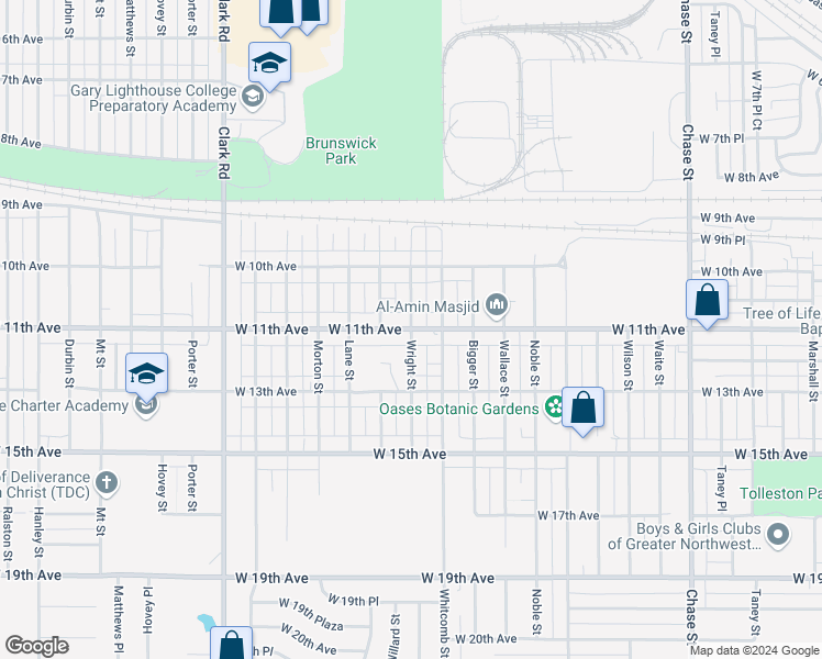 map of restaurants, bars, coffee shops, grocery stores, and more near W 11th Ave & Wright St in Gary