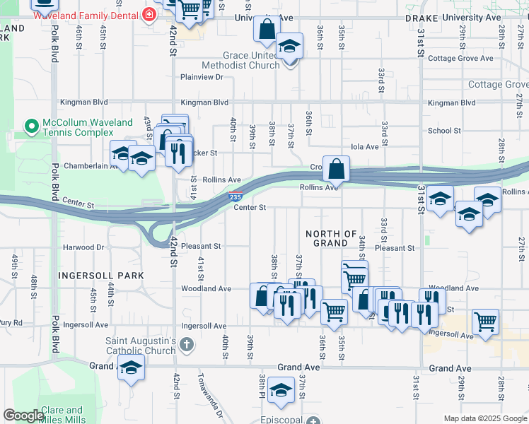 map of restaurants, bars, coffee shops, grocery stores, and more near 3817 Center Street in Des Moines