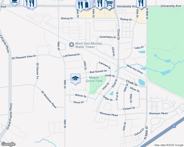 map of restaurants, bars, coffee shops, grocery stores, and more near 9450 Red Sunset Drive in West Des Moines