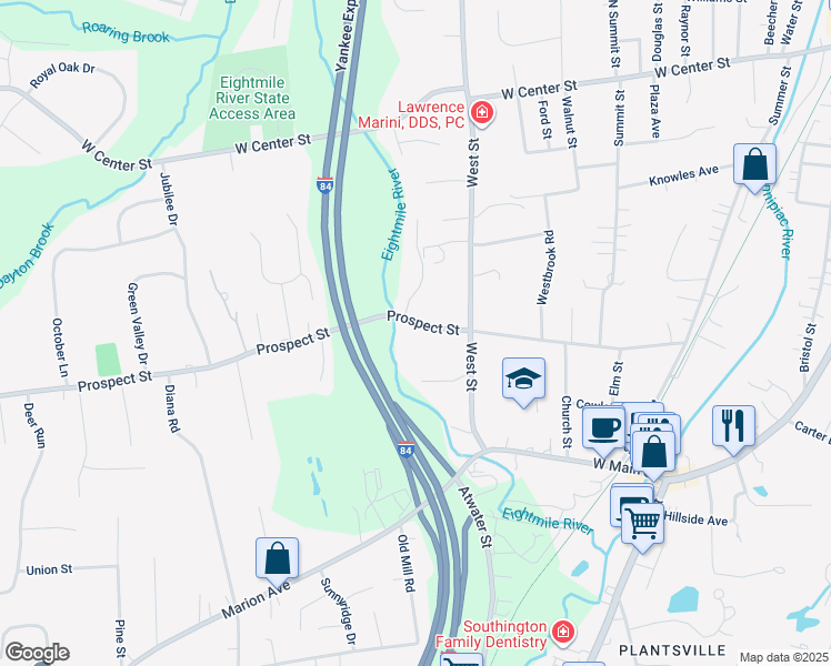 map of restaurants, bars, coffee shops, grocery stores, and more near 282 Prospect Street in Southington