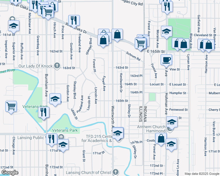 map of restaurants, bars, coffee shops, grocery stores, and more near 1445 Wentworth Avenue in Calumet City