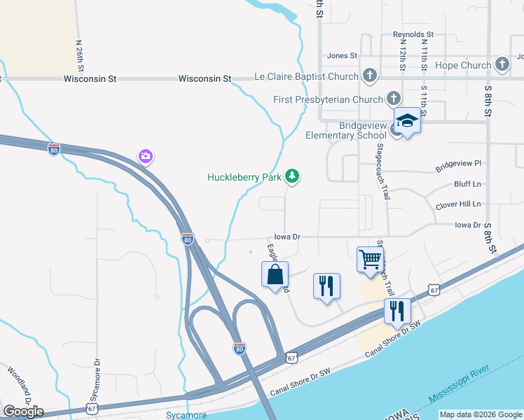map of restaurants, bars, coffee shops, grocery stores, and more near Oakley Drive in Le Claire