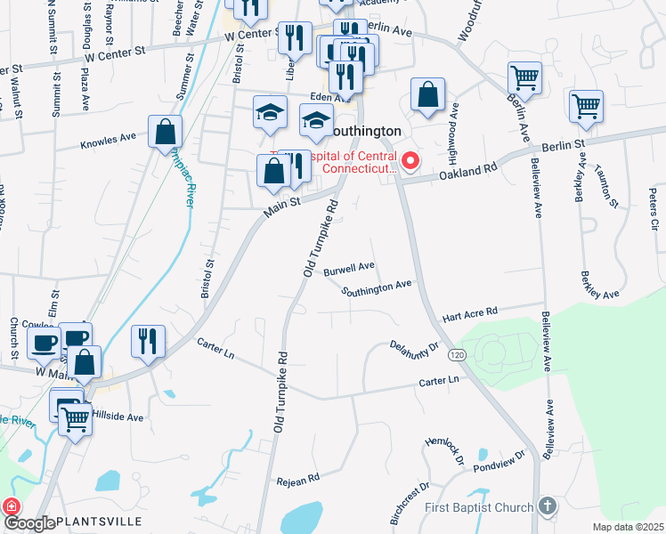map of restaurants, bars, coffee shops, grocery stores, and more near 11 Burwell Avenue in Southington