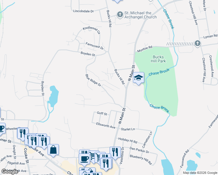 map of restaurants, bars, coffee shops, grocery stores, and more near 169 Blue Ridge Drive Extension in Waterbury